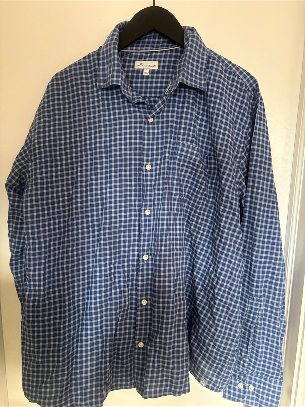 Peter Millar Navy and White Check Button-Up Dress Shirt